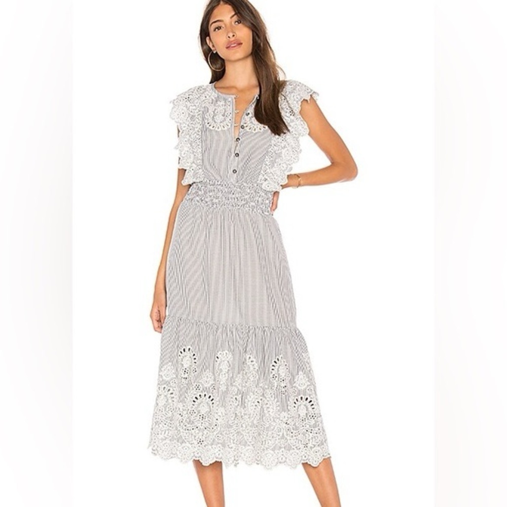 Saylor Striped Maliyah Midi Dress Grey & White Lace Crochet Boho Country Size M